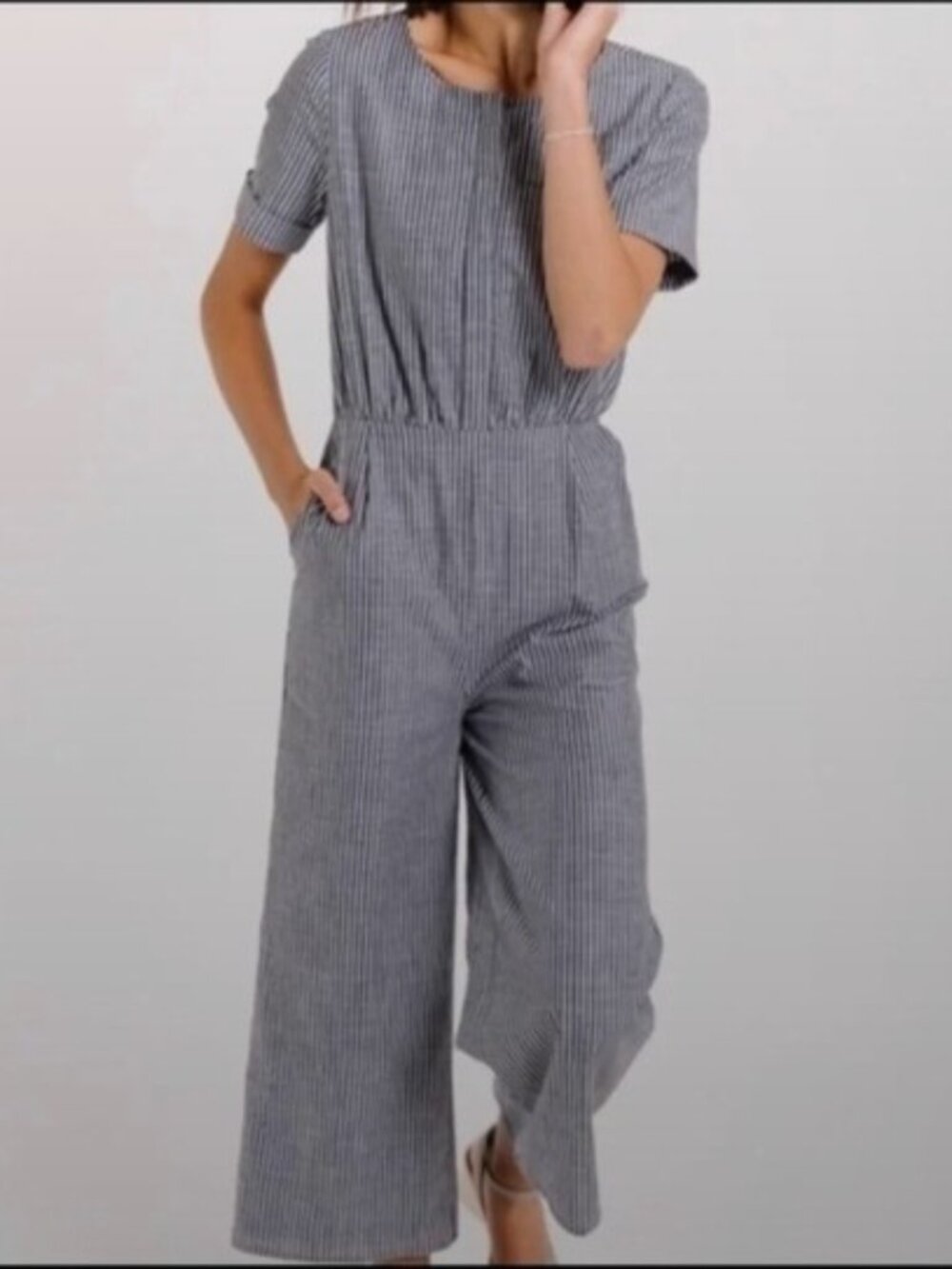 Piper & Scoot - Striped Short-Sleeve Jumpsuit in Navy and White, size XS